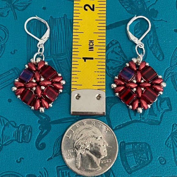 Handmade Unique Red & Silver Czech Glass Bead Earrings - Picture 3 of 3